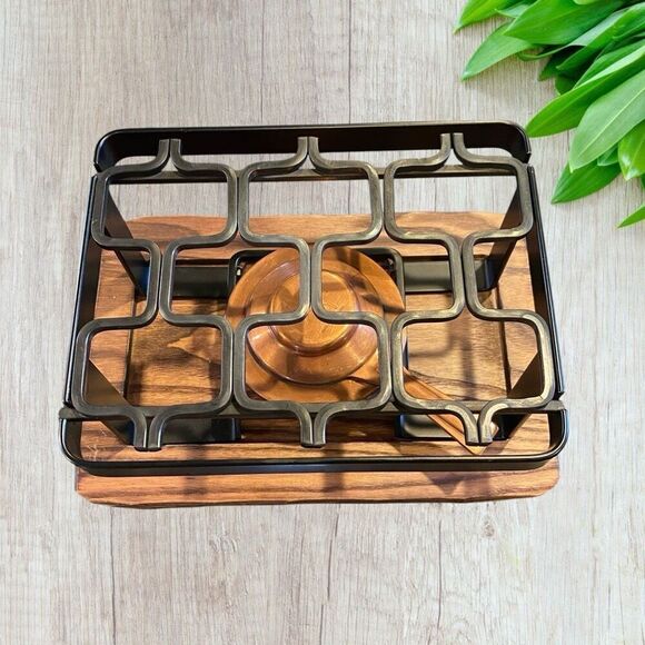 Vintage Spring Swiss Food Warmer Wrought Iron and Copper with Wooden Carved Bas - Picture 9 of 12